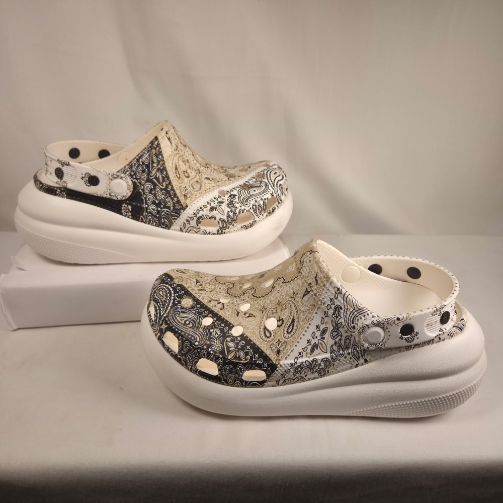 Crocs Classic Crush Bandana White Gold Black Clog Size W 8 M 6 With Gold Jibits